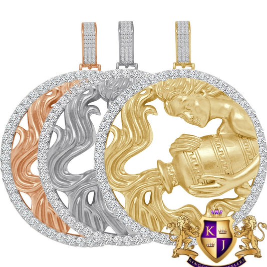 3D XL 2.75'' Genuine Sterling Silver Aquarius Water Lucky Zodiac Sign Astrology Horoscope Pendent Charm