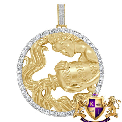 3D XL 2.75'' Genuine Sterling Silver Aquarius Water Lucky Zodiac Sign Astrology Horoscope Pendent Charm