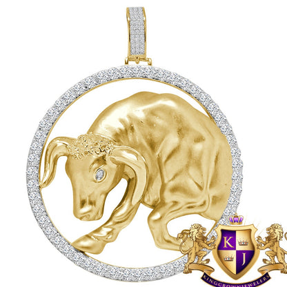 35+ Grams 3D XL 2.75'' Real Silver 4.00 Cwt. Simulated Diamond 14K Gold Over Lucky Zodiac Sign Taurus Bull Astrology Pendant Charm Medallion