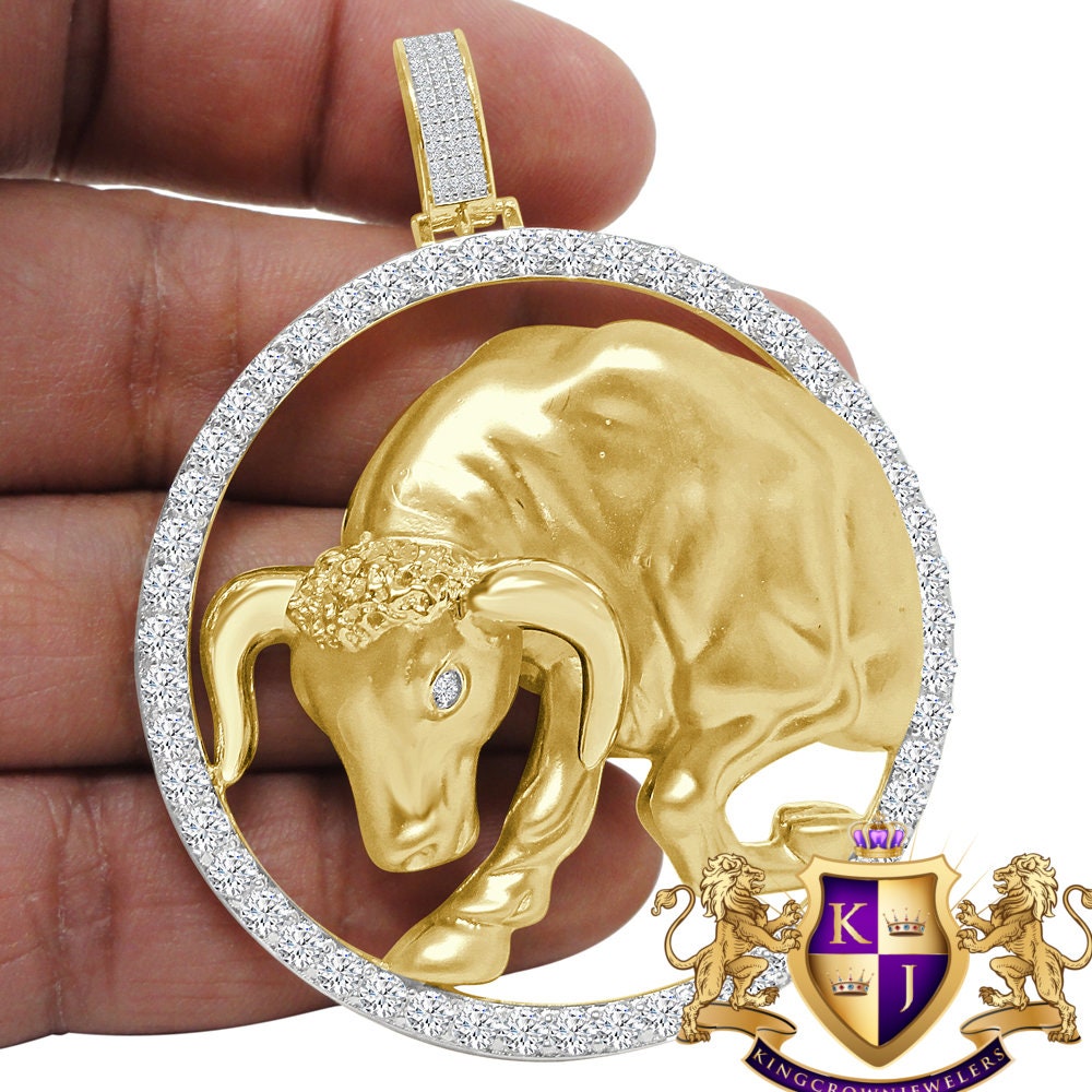 35+ Grams 3D XL 2.75'' Real Silver 4.00 Cwt. Simulated Diamond 14K Gold Over Lucky Zodiac Sign Taurus Bull Astrology Pendant Charm Medallion