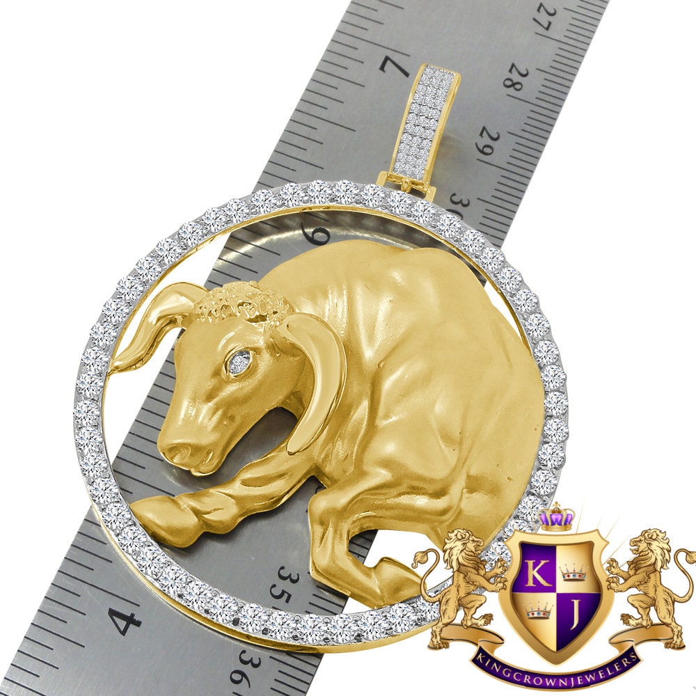35+ Grams 3D XL 2.75'' Real Silver 4.00 Cwt. Simulated Diamond 14K Gold Over Lucky Zodiac Sign Taurus Bull Astrology Pendant Charm Medallion