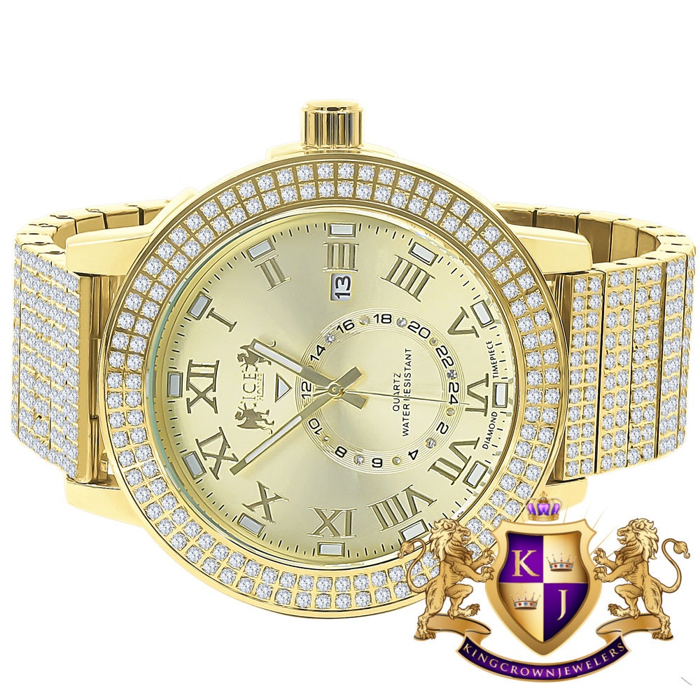 Mens Full Solid Stainless Steel 18K Yellow Gold Finish Real Diamond Dial Luxury Custom Watch 53mm W/Date