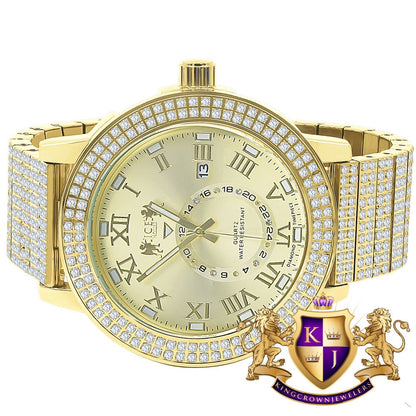 Mens Full Solid Stainless Steel 18K Yellow Gold Finish Real Diamond Dial Luxury Custom Watch 53mm W/Date