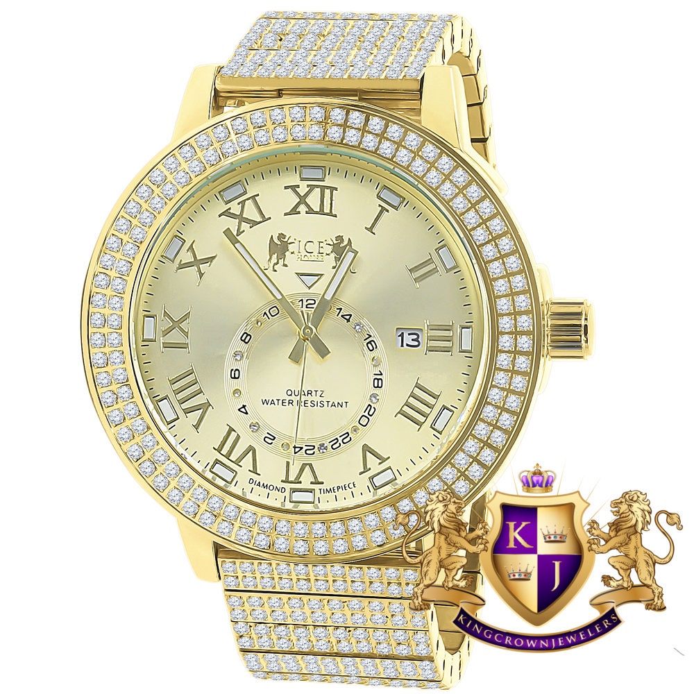 Mens Full Solid Stainless Steel 18K Yellow Gold Finish Real Diamond Dial Luxury Custom Watch 53mm W/Date
