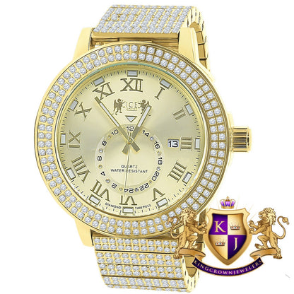 Mens Full Solid Stainless Steel 18K Yellow Gold Finish Real Diamond Dial Luxury Custom Watch 53mm W/Date