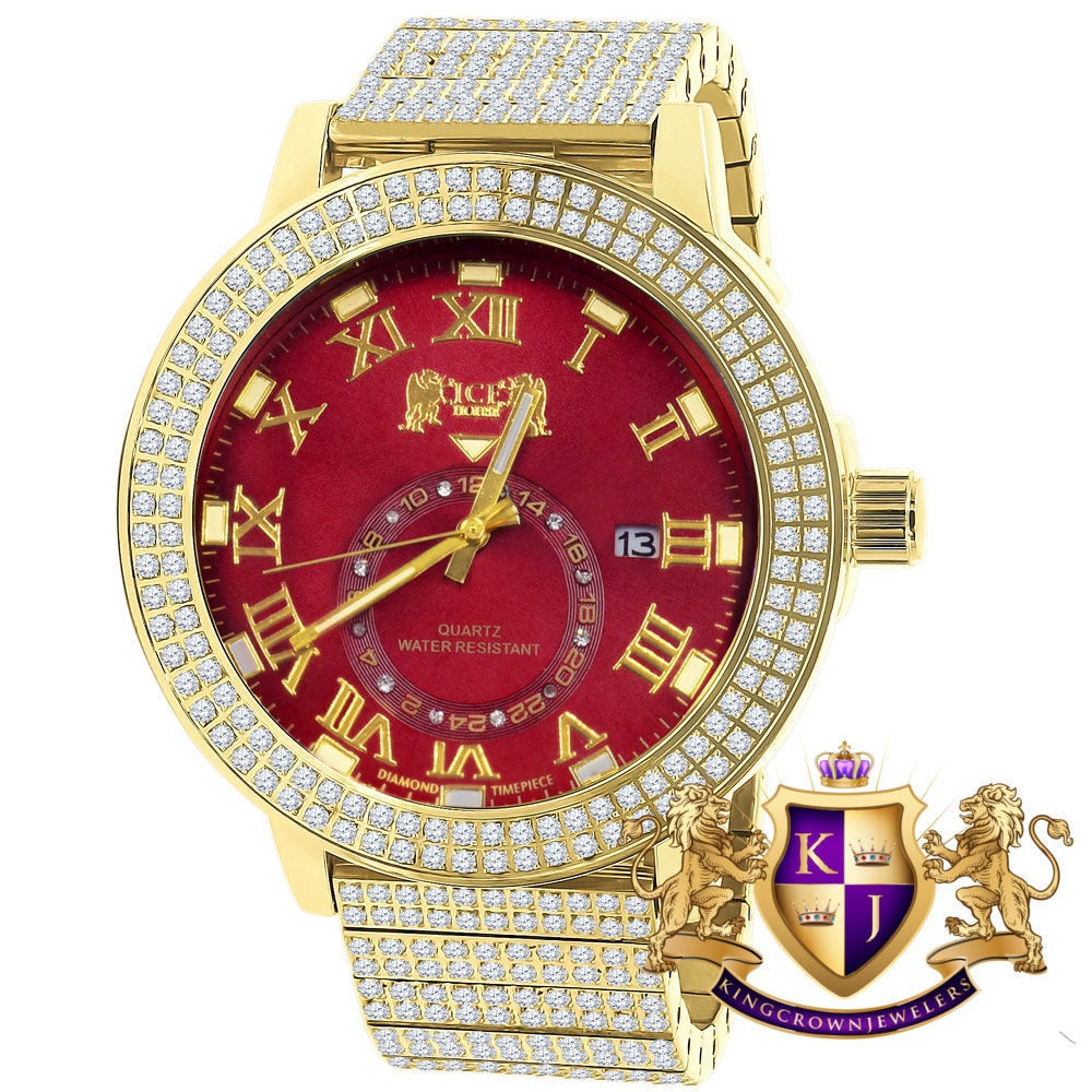 Ruby Red Face Full Solid Stainless Steel 18K Yellow Gold Tone Real Diamond Dial Mens Luxury Custom Watch 53mm W/Date