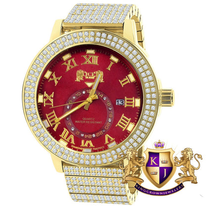 Ruby Red Face Full Solid Stainless Steel 18K Yellow Gold Tone Real Diamond Dial Mens Luxury Custom Watch 53mm W/Date
