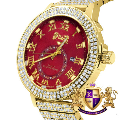 Ruby Red Face Full Solid Stainless Steel 18K Yellow Gold Tone Real Diamond Dial Mens Luxury Custom Watch 53mm W/Date