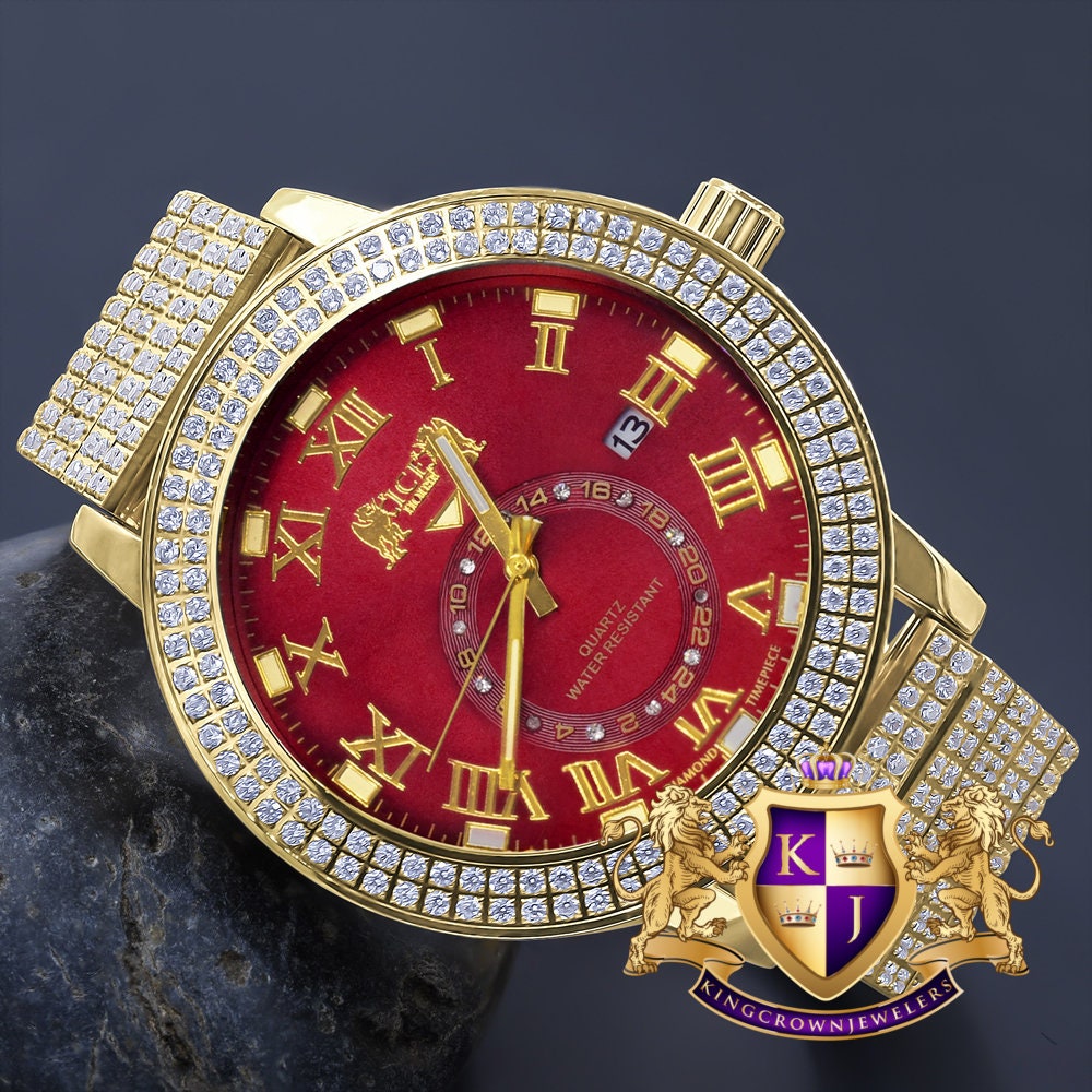 Ruby Red Face Full Solid Stainless Steel 18K Yellow Gold Tone Real Diamond Dial Mens Luxury Custom Watch 53mm W/Date