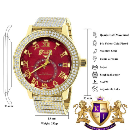 Ruby Red Face Full Solid Stainless Steel 18K Yellow Gold Tone Real Diamond Dial Mens Luxury Custom Watch 53mm W/Date