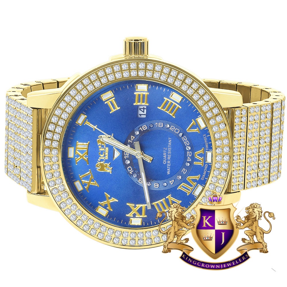 Sapphire Blue Face Full Solid Stainless Steel 18K Yellow Gold Tone Real Diamond Dial Mens Luxury Custom Watch 53mm W/Date