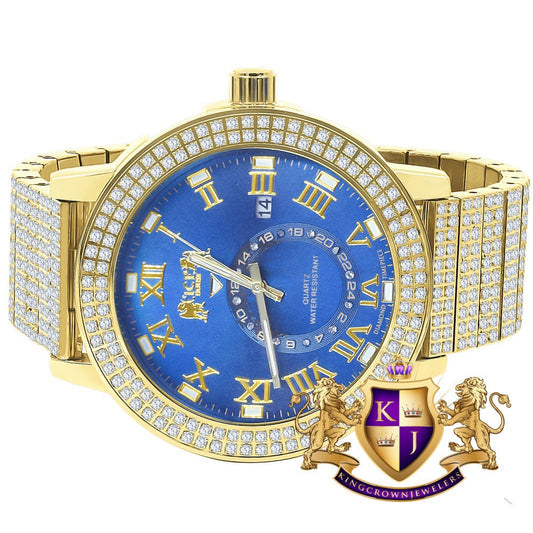Sapphire Blue Face Full Solid Stainless Steel 18K Yellow Gold Tone Real Diamond Dial Mens Luxury Custom Watch 53mm W/Date