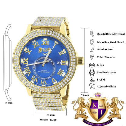 Sapphire Blue Face Full Solid Stainless Steel 18K Yellow Gold Tone Real Diamond Dial Mens Luxury Custom Watch 53mm W/Date