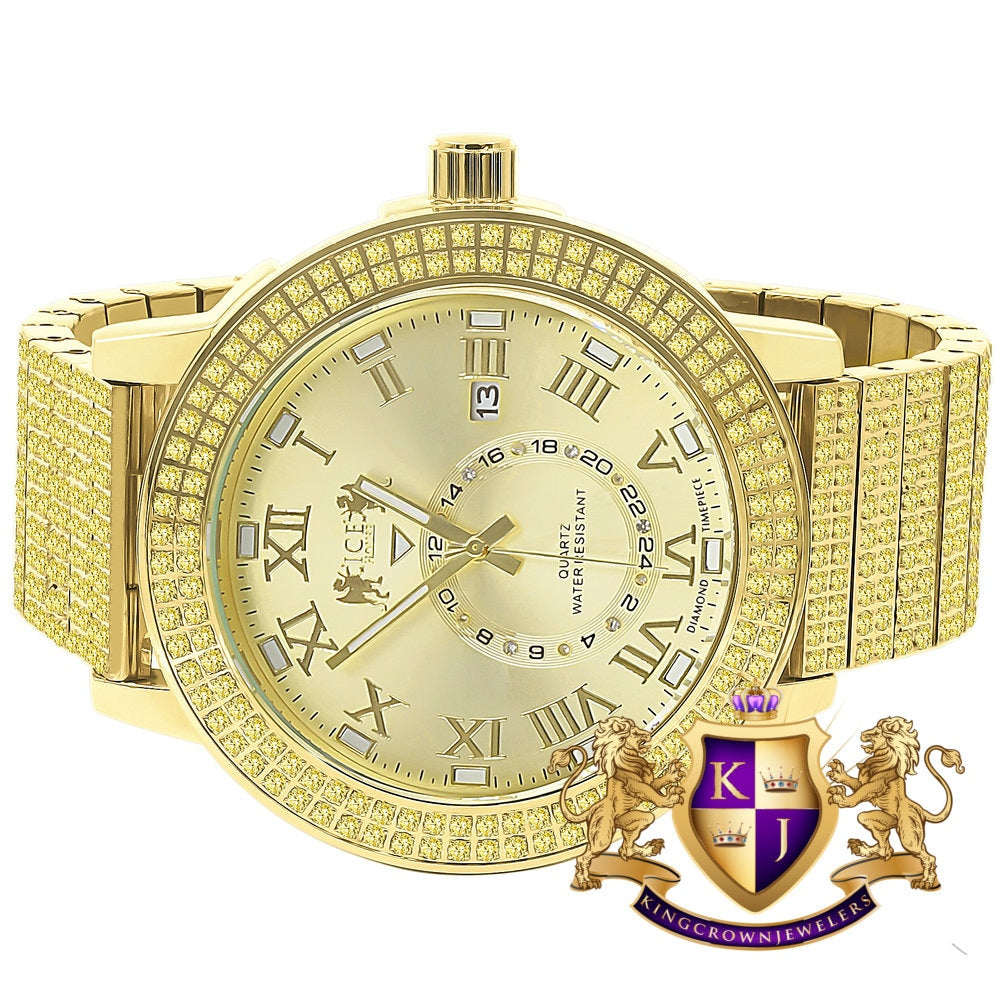 Lemonade Yellow Canary Full Solid Stainless Steel 18K Gold Finish Real Diamond Dial Luxury Custom Watch 53mm W/Date