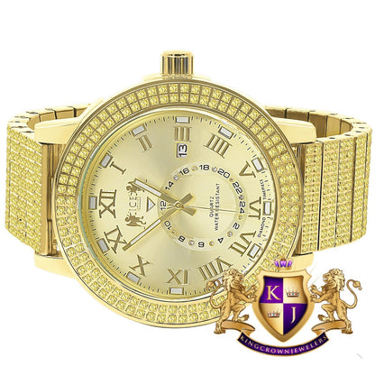 Lemonade Yellow Canary Full Solid Stainless Steel 18K Gold Finish Real Diamond Dial Luxury Custom Watch 53mm W/Date