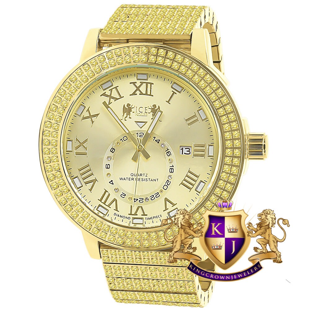 Lemonade Yellow Canary Full Solid Stainless Steel 18K Gold Finish Real Diamond Dial Luxury Custom Watch 53mm W/Date