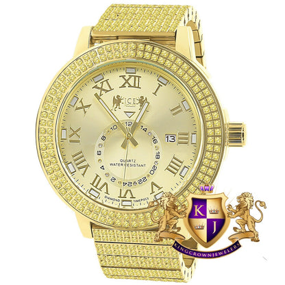 Lemonade Yellow Canary Full Solid Stainless Steel 18K Gold Finish Real Diamond Dial Luxury Custom Watch 53mm W/Date