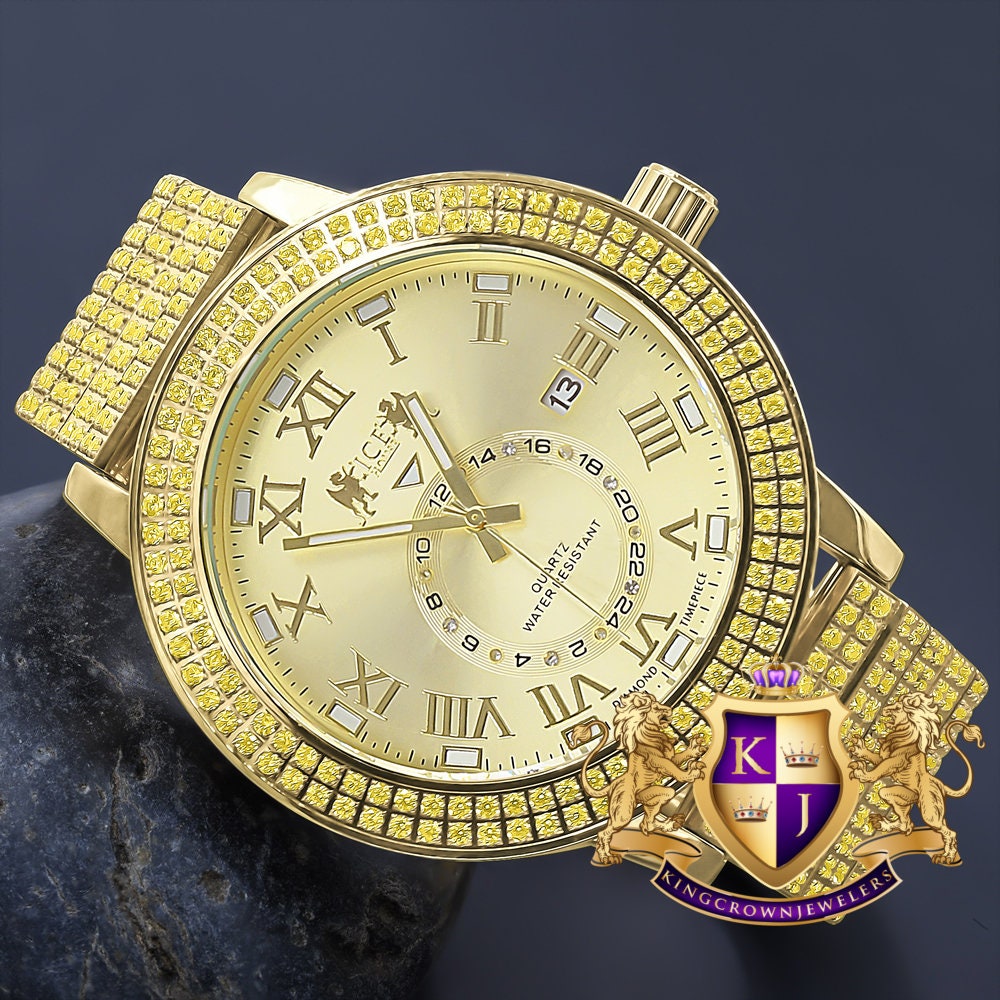 Lemonade Yellow Canary Full Solid Stainless Steel 18K Gold Finish Real Diamond Dial Luxury Custom Watch 53mm W/Date