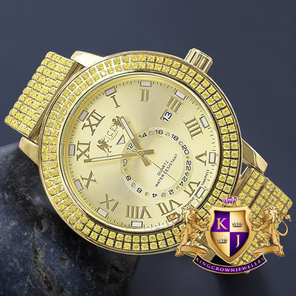 Lemonade Yellow Canary Full Solid Stainless Steel 18K Gold Finish Real Diamond Dial Luxury Custom Watch 53mm W/Date