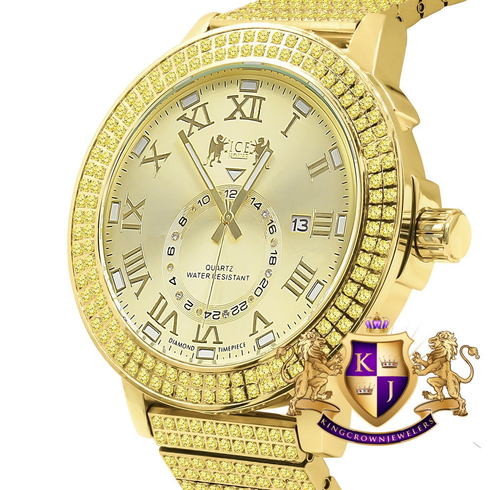 Lemonade Yellow Canary Full Solid Stainless Steel 18K Gold Finish Real Diamond Dial Luxury Custom Watch 53mm W/Date