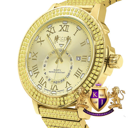 Lemonade Yellow Canary Full Solid Stainless Steel 18K Gold Finish Real Diamond Dial Luxury Custom Watch 53mm W/Date