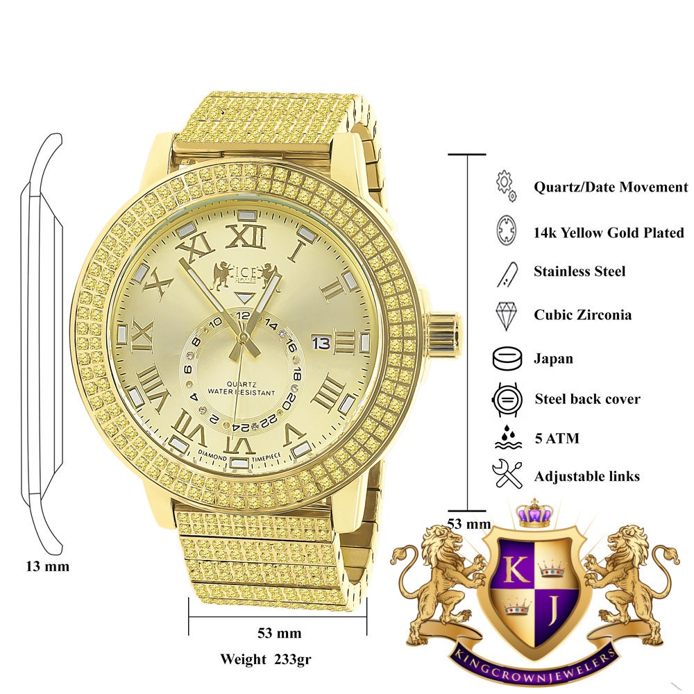 Lemonade Yellow Canary Full Solid Stainless Steel 18K Gold Finish Real Diamond Dial Luxury Custom Watch 53mm W/Date