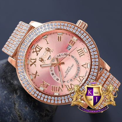 Mens 18K Rose Gold Tone Pink Face Solid Stainless Steel Real Diamond Dial Watch XL 54mm W/Date