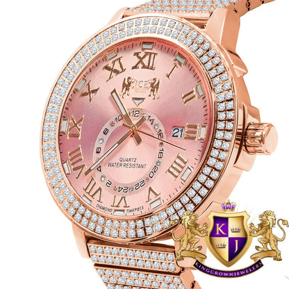 Mens 18K Rose Gold Tone Pink Face Solid Stainless Steel Real Diamond Dial Watch XL 54mm W/Date