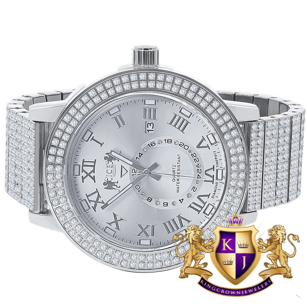 Mens Solid Stainless Steel 18K White Gold Tone Real Diamond Dial Custom Luxury Watch XL 54mm W/Date