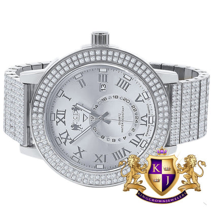 Mens Solid Stainless Steel 18K White Gold Tone Real Diamond Dial Custom Luxury Watch XL 54mm W/Date