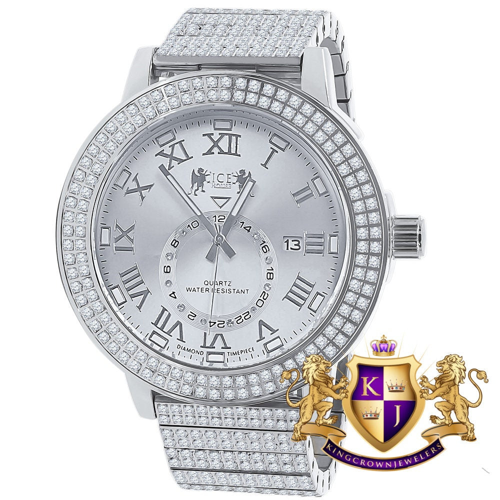 Mens Solid Stainless Steel 18K White Gold Tone Real Diamond Dial Custom Luxury Watch XL 54mm W/Date