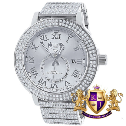 Mens Solid Stainless Steel 18K White Gold Tone Real Diamond Dial Custom Luxury Watch XL 54mm W/Date