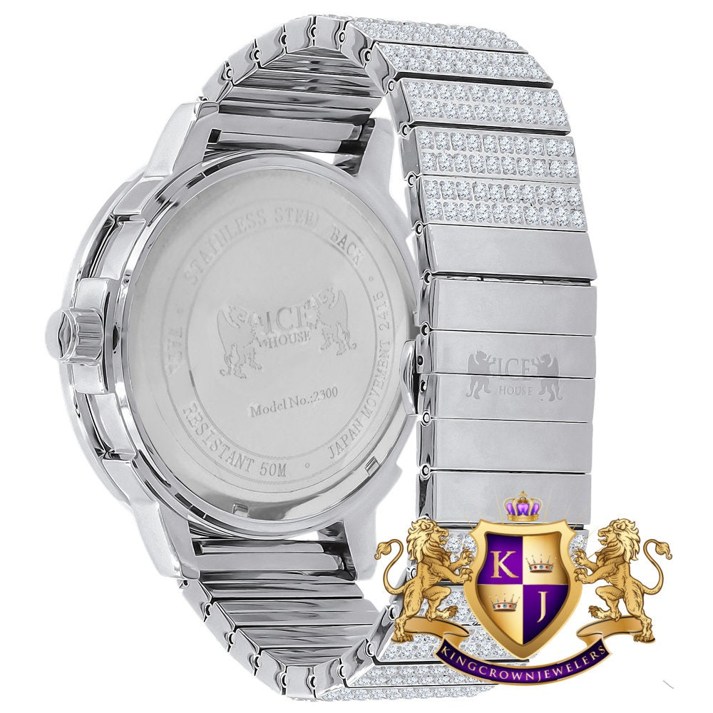 Mens Solid Stainless Steel 18K White Gold Tone Real Diamond Dial Custom Luxury Watch XL 54mm W/Date