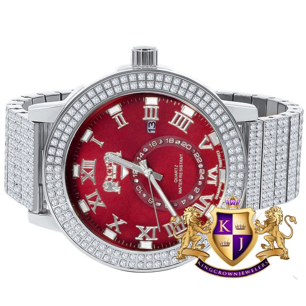 Ruby Red Mens Solid Stainless Steel 18K White Gold Tone Real Diamond Dial Custom Luxury Watch XL 54mm W/Date