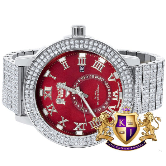 Ruby Red Mens Solid Stainless Steel 18K White Gold Tone Real Diamond Dial Custom Luxury Watch XL 54mm W/Date