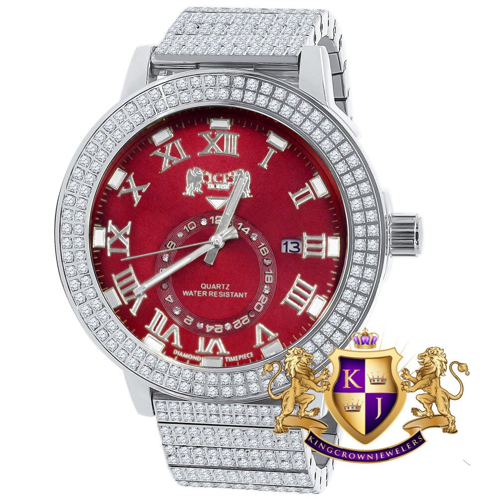 Ruby Red Mens Solid Stainless Steel 18K White Gold Tone Real Diamond Dial Custom Luxury Watch XL 54mm W/Date