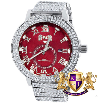 Ruby Red Mens Solid Stainless Steel 18K White Gold Tone Real Diamond Dial Custom Luxury Watch XL 54mm W/Date
