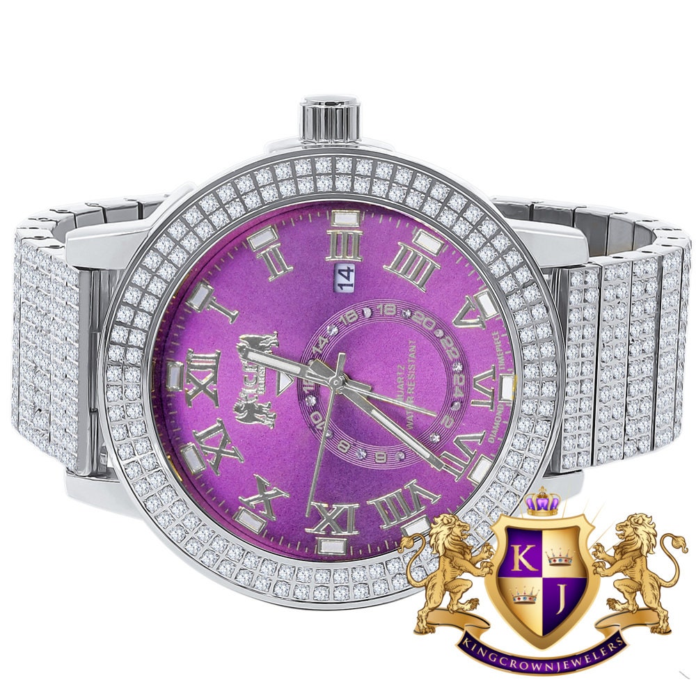 Purple Amethyst Mens Solid Stainless Steel 18K White Gold Tone Real Diamond Dial Custom Luxury Watch XL 54mm W/Date