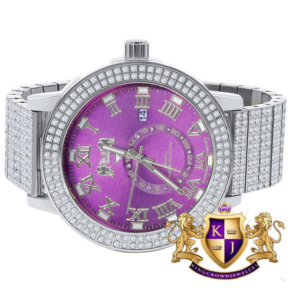Purple Amethyst Mens Solid Stainless Steel 18K White Gold Tone Real Diamond Dial Custom Luxury Watch XL 54mm W/Date