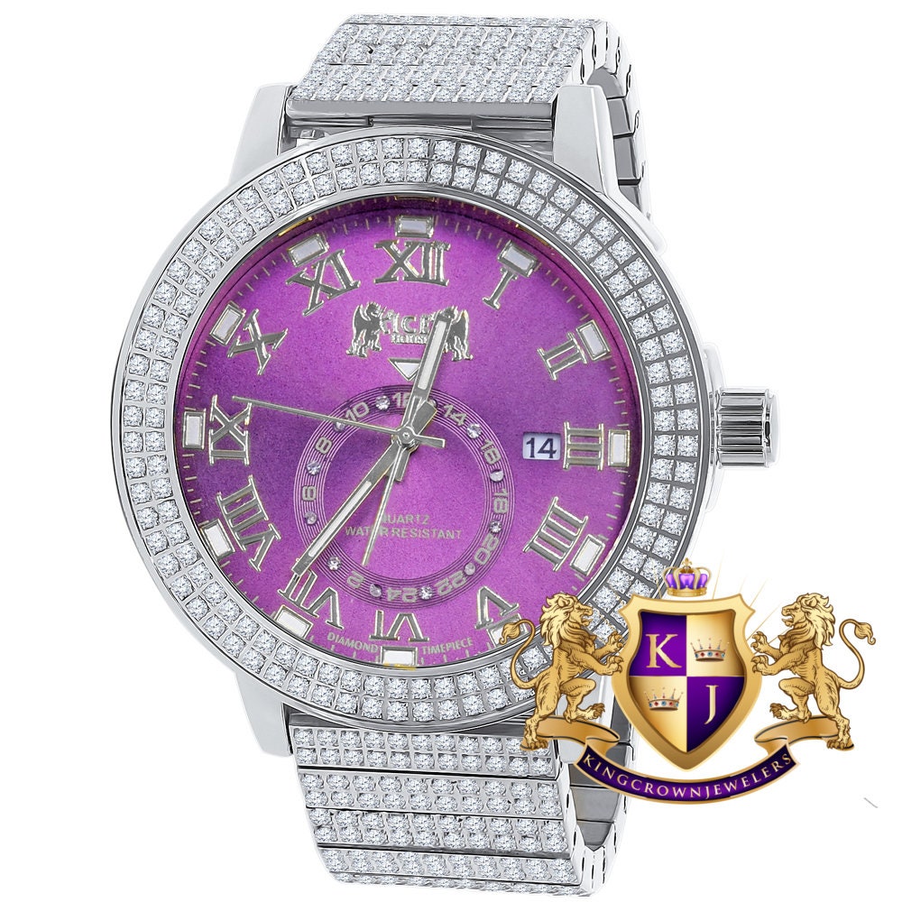 Purple Amethyst Mens Solid Stainless Steel 18K White Gold Tone Real Diamond Dial Custom Luxury Watch XL 54mm W/Date