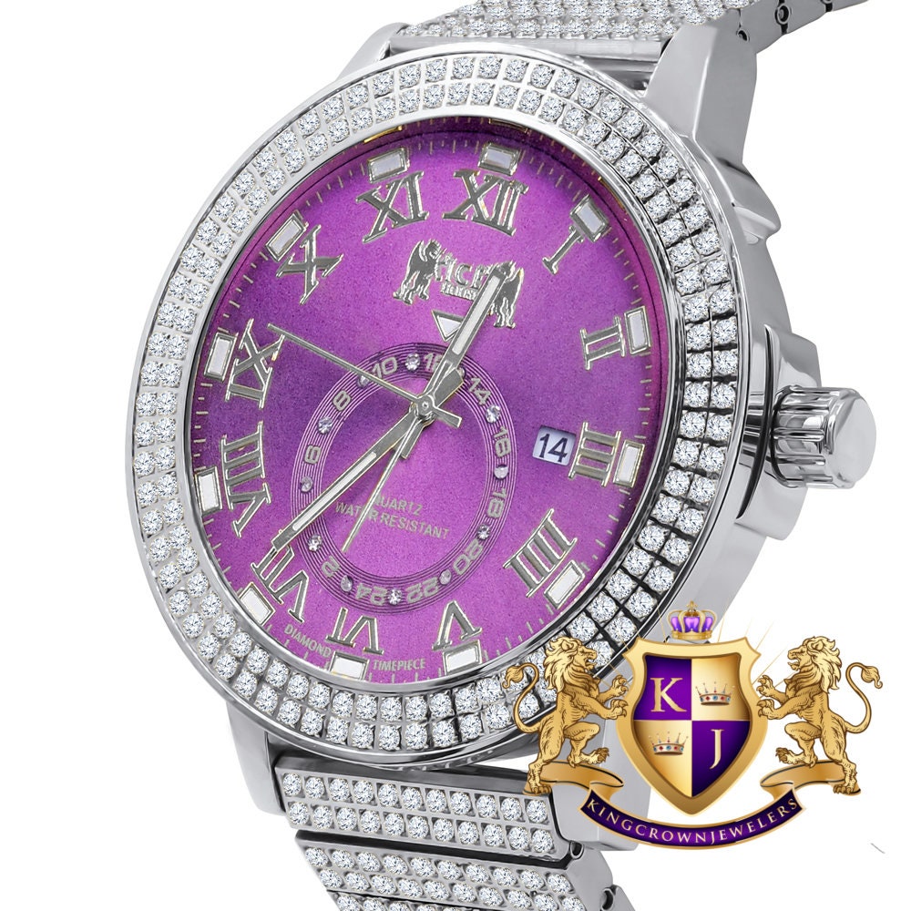 Purple Amethyst Mens Solid Stainless Steel 18K White Gold Tone Real Diamond Dial Custom Luxury Watch XL 54mm W/Date