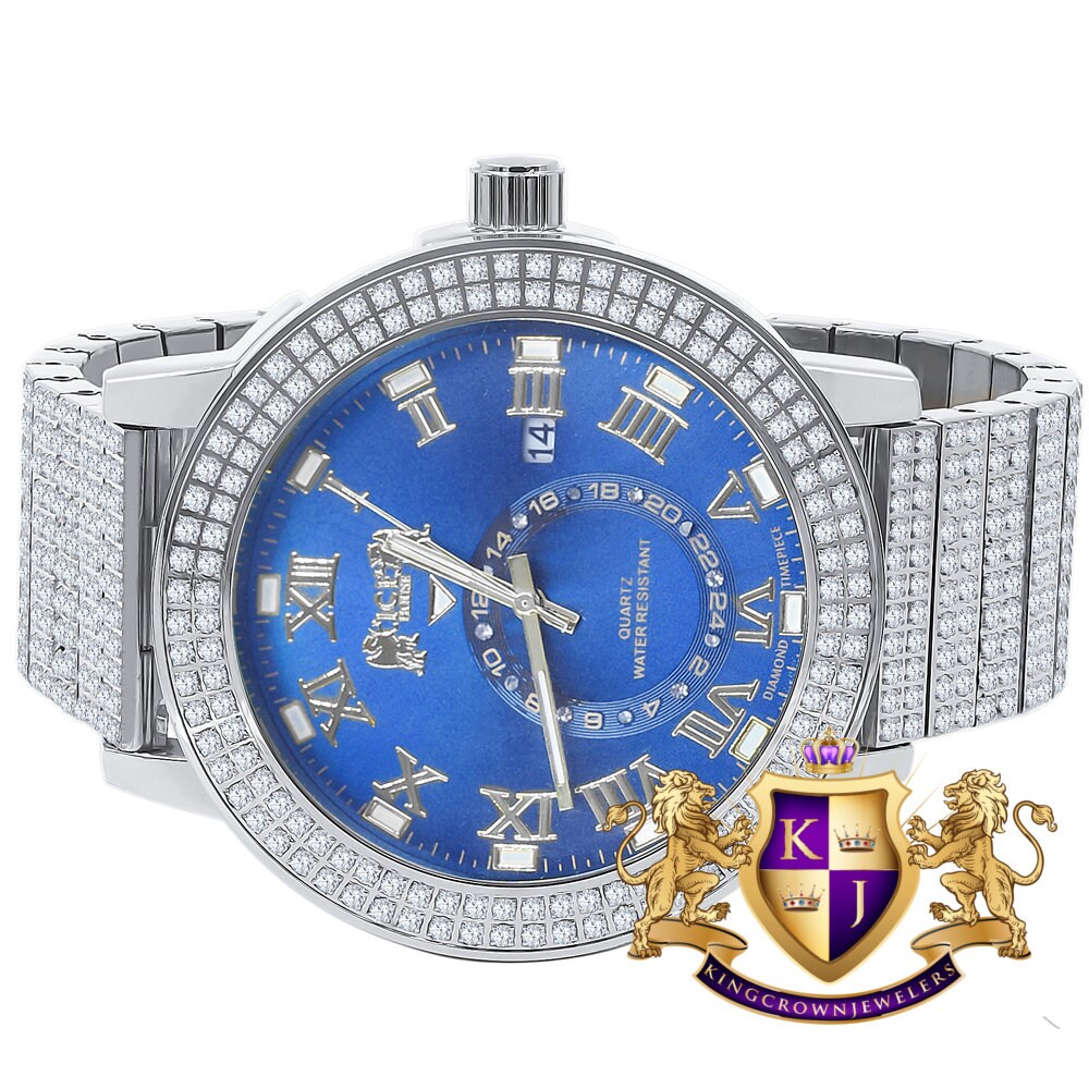 Sapphire Blue Mens Solid Stainless Steel 18K White Gold Tone Real Diamond Dial Custom Luxury Watch XL 54mm W/Date