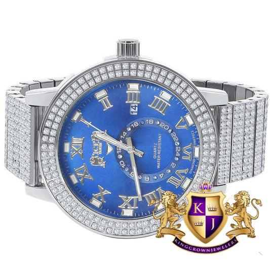 Sapphire Blue Mens Solid Stainless Steel 18K White Gold Tone Real Diamond Dial Custom Luxury Watch XL 54mm W/Date