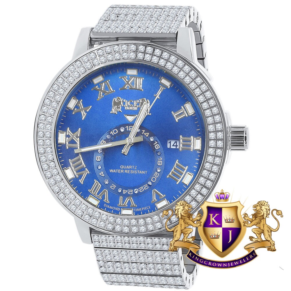 Sapphire Blue Mens Solid Stainless Steel 18K White Gold Tone Real Diamond Dial Custom Luxury Watch XL 54mm W/Date