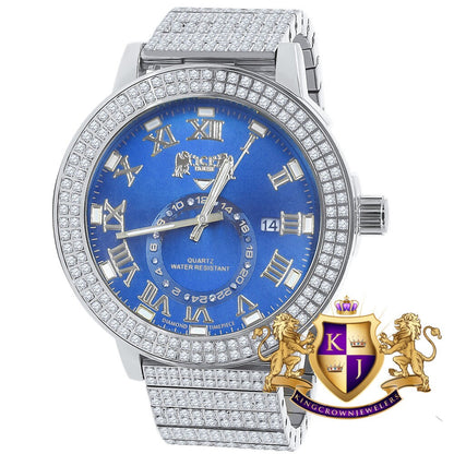 Sapphire Blue Mens Solid Stainless Steel 18K White Gold Tone Real Diamond Dial Custom Luxury Watch XL 54mm W/Date