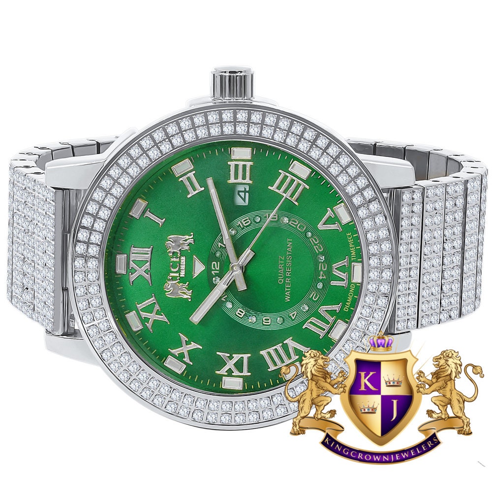 Emerald Green Mens Solid Stainless Steel 18K White Gold Tone Real Diamond Dial Custom Luxury Watch XL 54mm W/Date