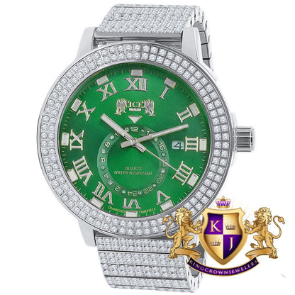 Emerald Green Mens Solid Stainless Steel 18K White Gold Tone Real Diamond Dial Custom Luxury Watch XL 54mm W/Date