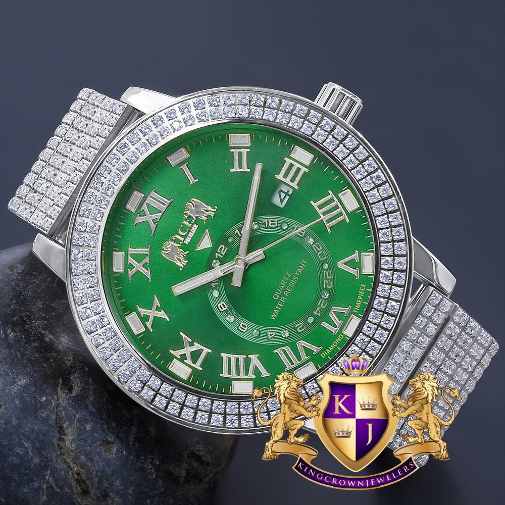 Emerald Green Mens Solid Stainless Steel 18K White Gold Tone Real Diamond Dial Custom Luxury Watch XL 54mm W/Date