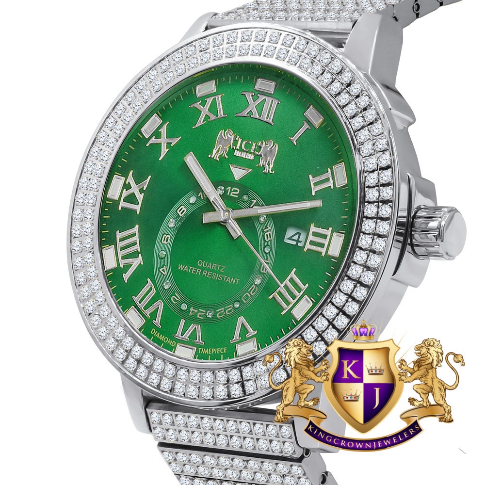 Emerald Green Mens Solid Stainless Steel 18K White Gold Tone Real Diamond Dial Custom Luxury Watch XL 54mm W/Date