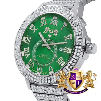 Emerald Green Mens Solid Stainless Steel 18K White Gold Tone Real Diamond Dial Custom Luxury Watch XL 54mm W/Date